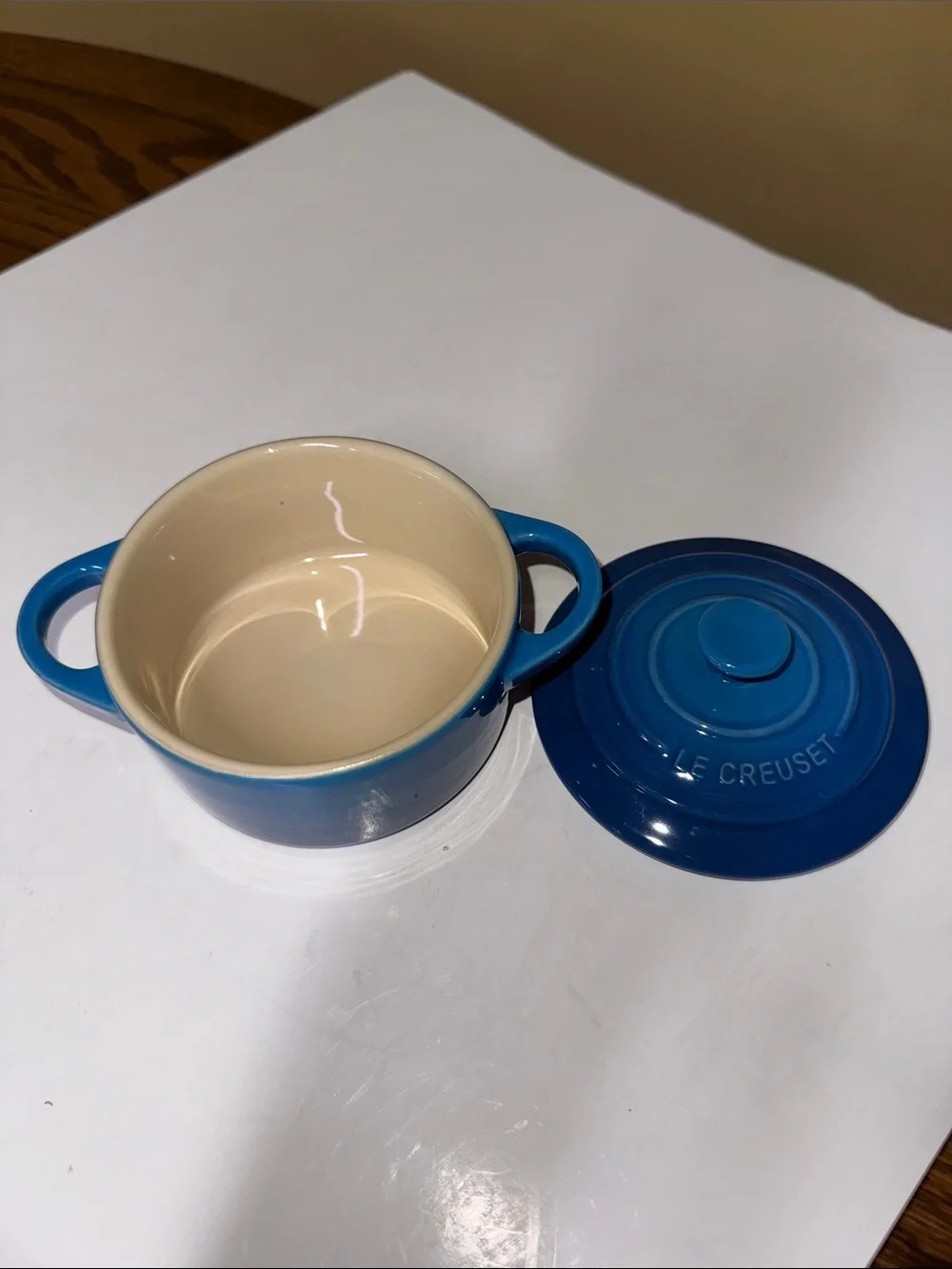 Le Creuset Mini Round Cocotte Marseille Blue Stoneware with Lid 8 oz